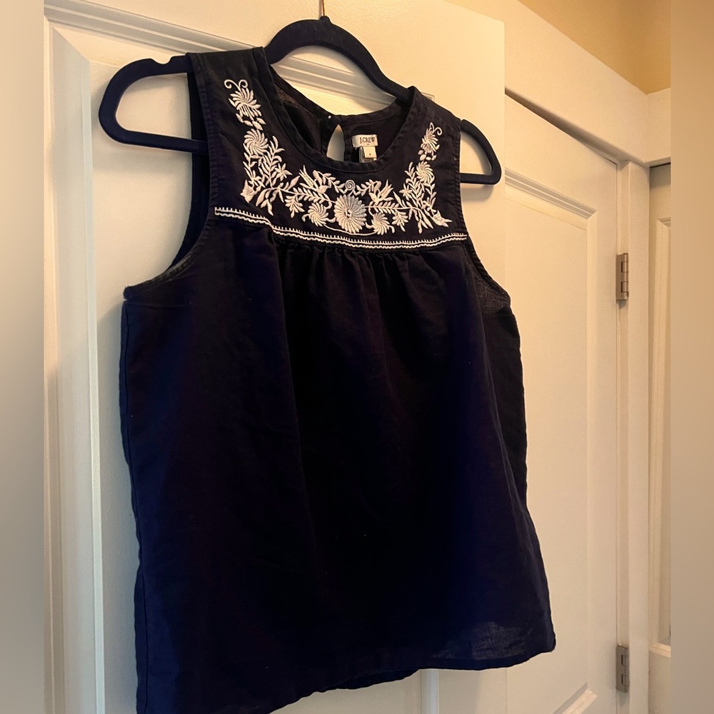 J. Crew Navy Sleeveless Linen Top with White Embroidery